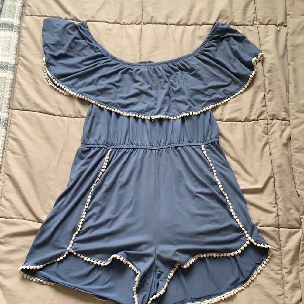 XL Blue romper with white details.
